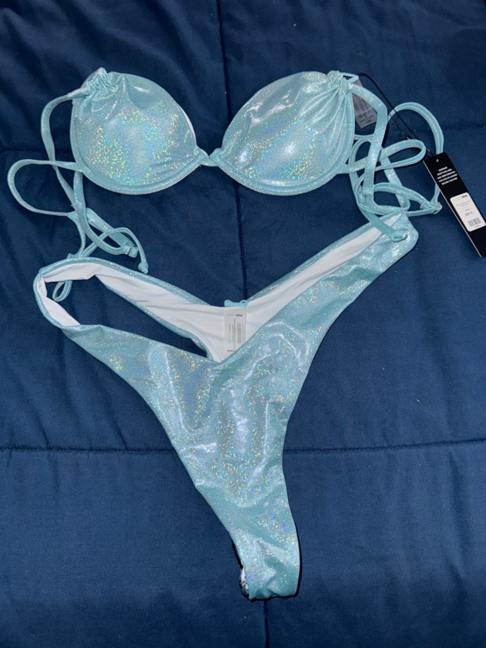 NWT Fashion Nova Holographic Light Blue Push-Up Bikini Thong Set - Picture 3 of 5